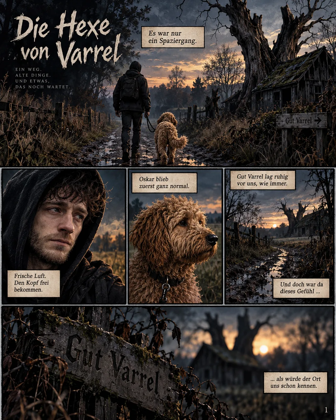 Titelseite. Ein Mann mit Kapuze und Rucksack geht mit seinem lockigen Hund einen nassen Feldweg entlang, in der Dämmerung, vor ihnen eine verfallene Hütte unter einem toten Baum. Titel: Die Hexe von Varrel. Textkasten: Es war nur ein Spaziergang. Darunter das Gesicht des Mannes: Frische Luft. Den Kopf frei bekommen. Der Hund: Oskar blieb zuerst ganz normal. Der Weg: Gut Varrel lag ruhig vor uns, wie immer. Und doch war da dieses Gefühl … Unten ein verwittertes Holzschild mit der Aufschrift Gut Varrel: … als würde der Ort uns schon kennen.